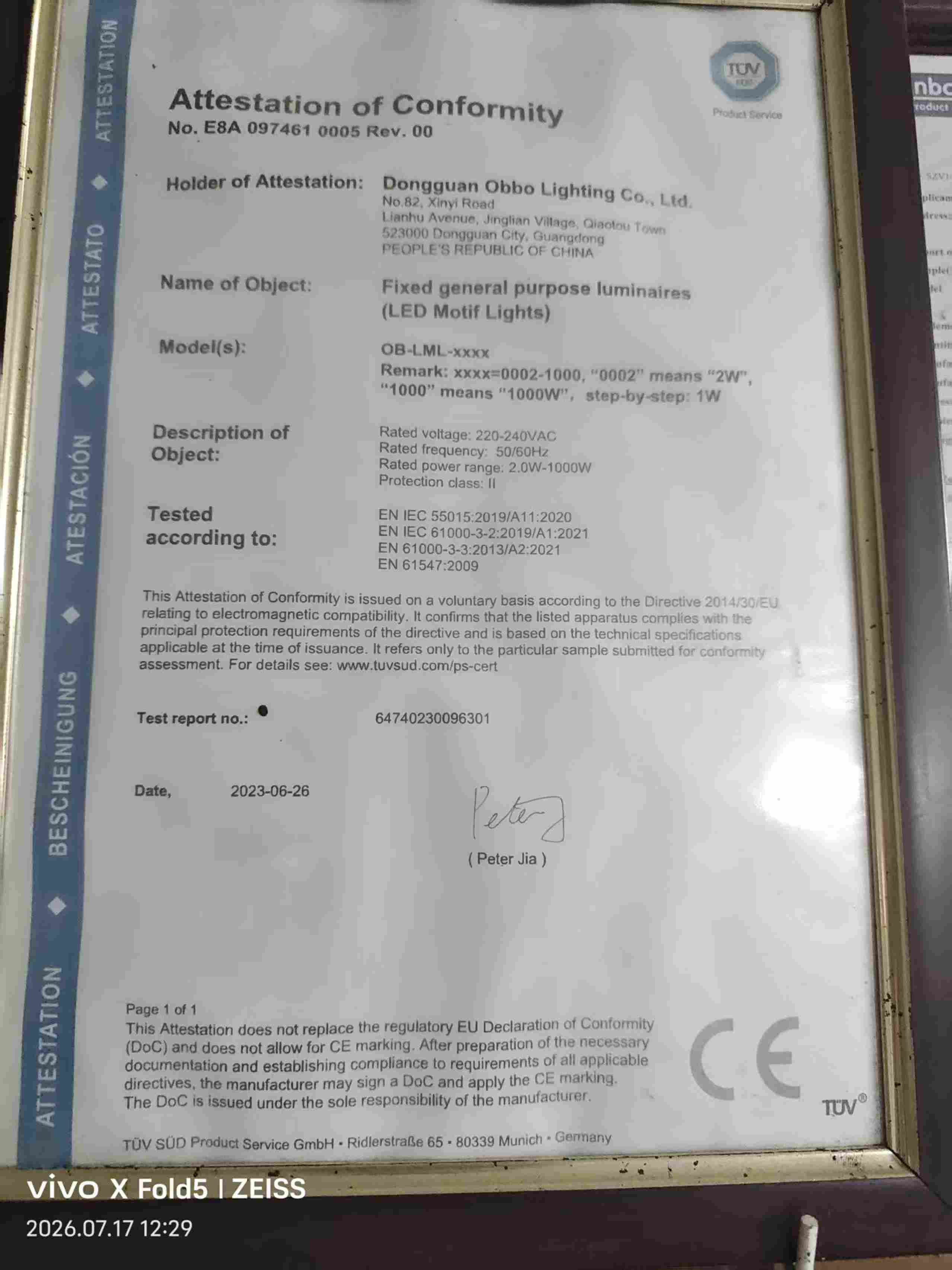 TUV SUD EMC Attestation - Dongguan Obbo Lighting certificate