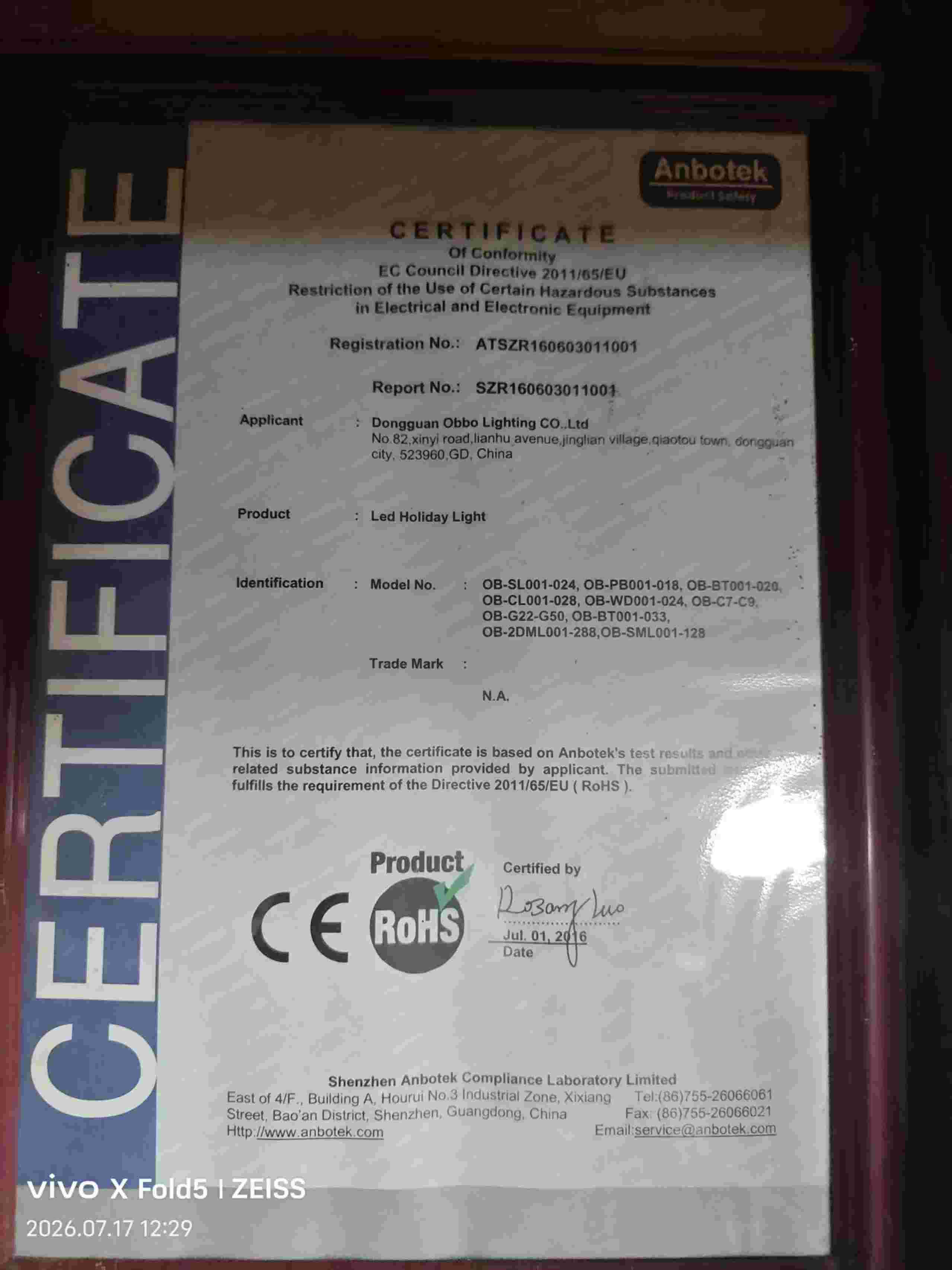 CE RoHS Certificate - Dongguan Obbo Lighting certificate