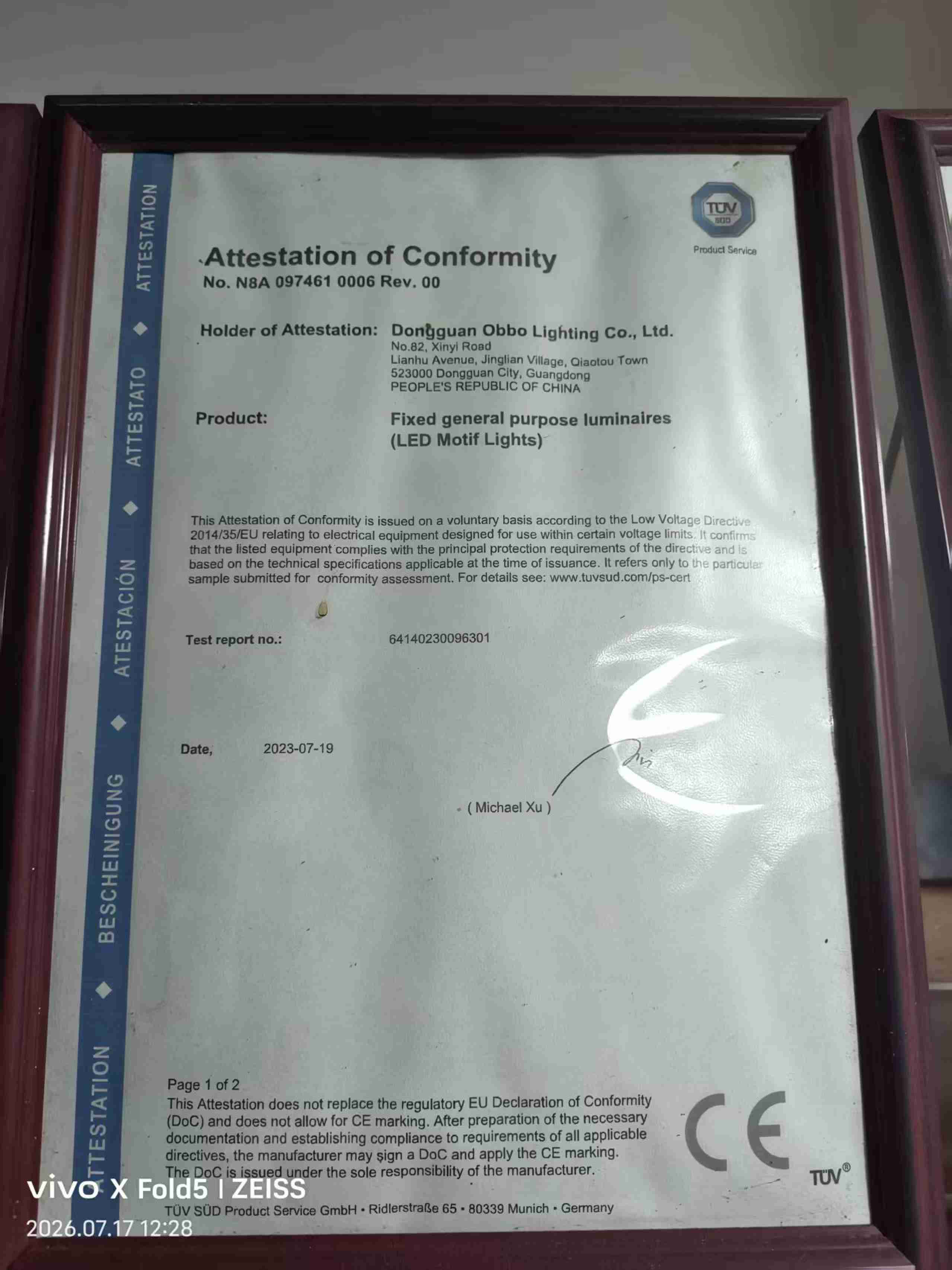 TUV SUD LVD Attestation - Dongguan Obbo Lighting certificate