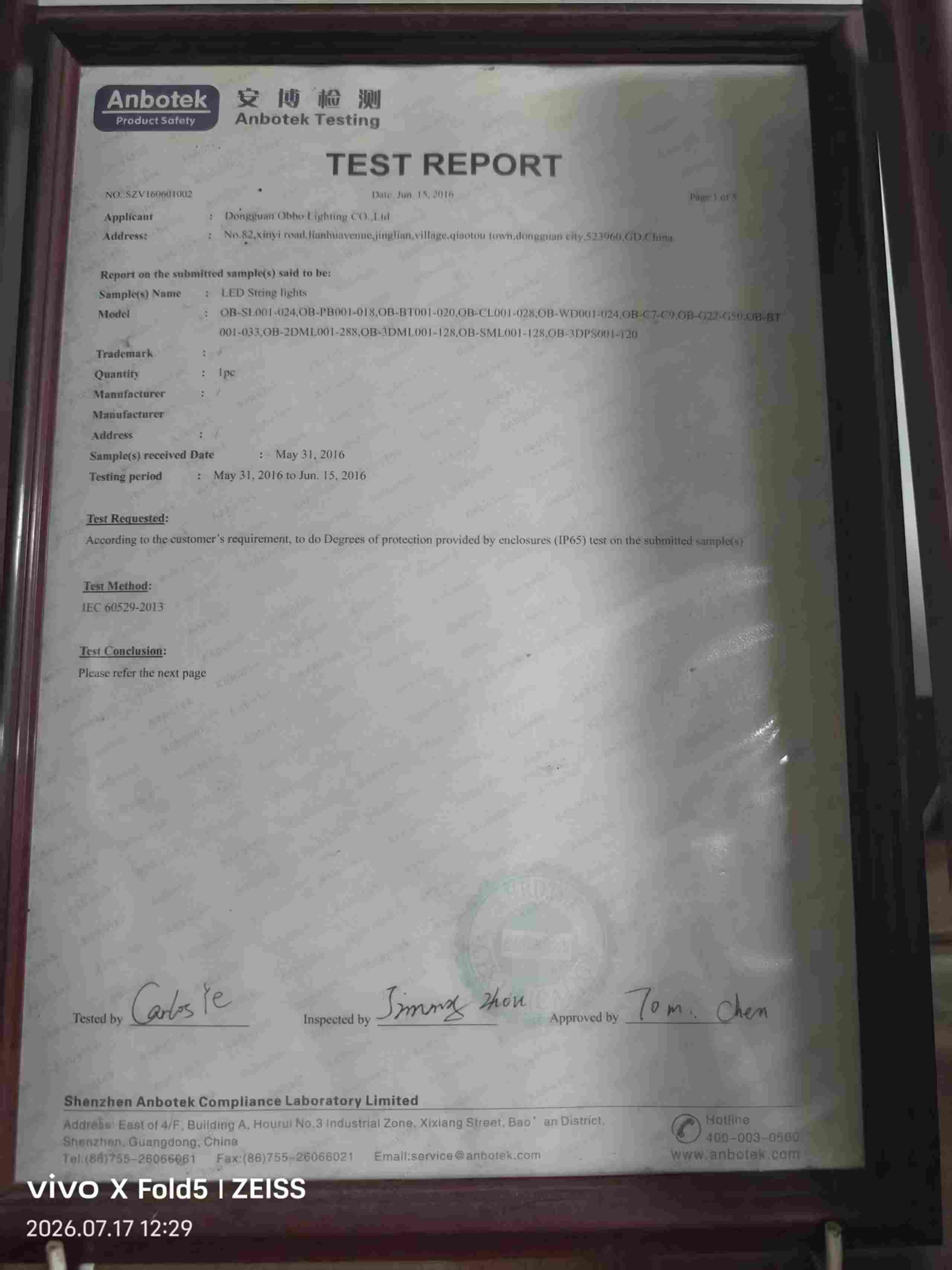 IP65 Test Report - Dongguan Obbo Lighting certificate