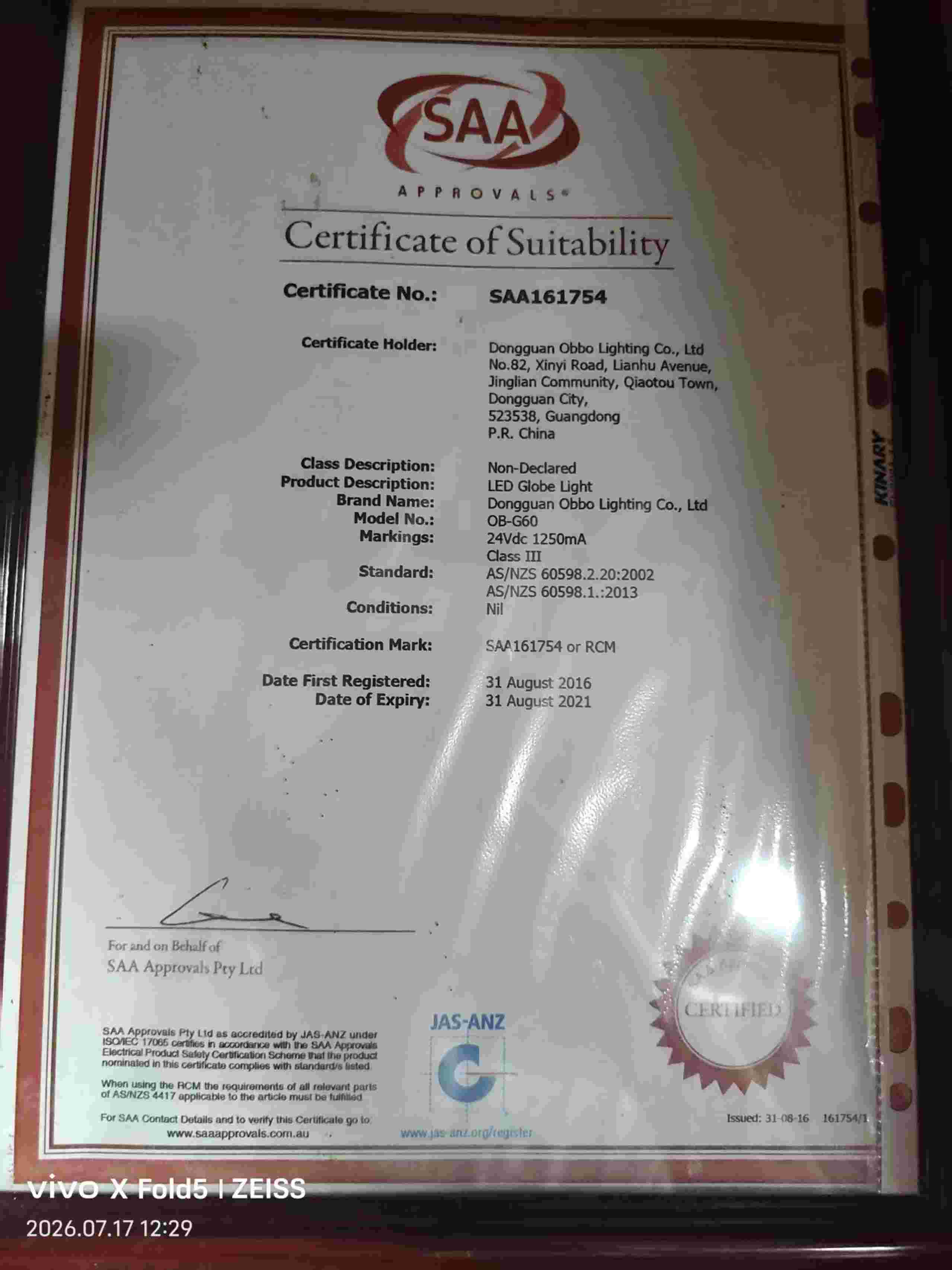 SAA Certificate of Suitability - Dongguan Obbo Lighting certificate