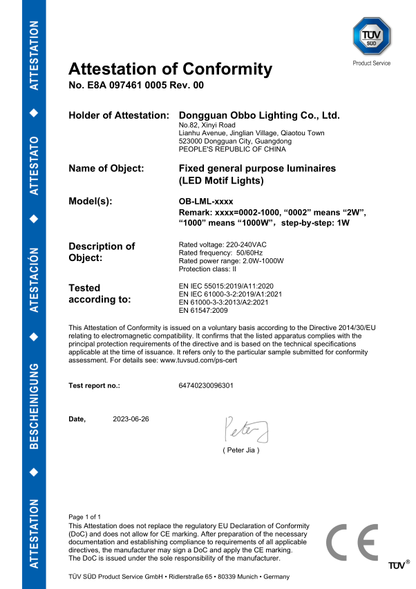 Clean copy of TUV SUD EMC Attestation for Dongguan Obbo Lighting LED motif lights