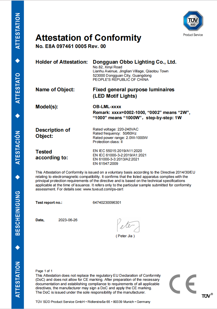 TUV SUD EMC Attestation E8A 097461 0005 for Dongguan Obbo Lighting LED motif lights