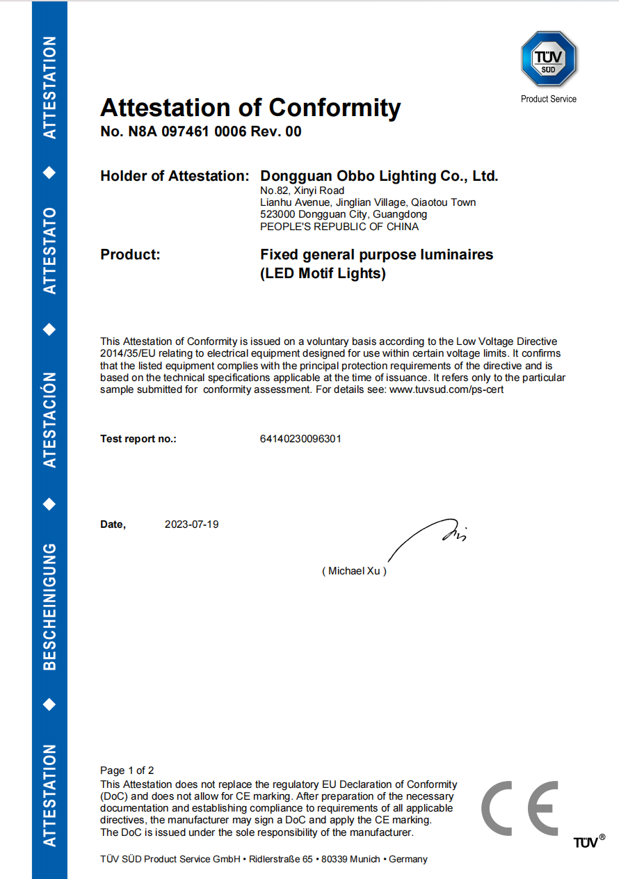 TUV SUD LVD Attestation N8A 097461 0006 page 1 for Dongguan Obbo Lighting LED motif lights