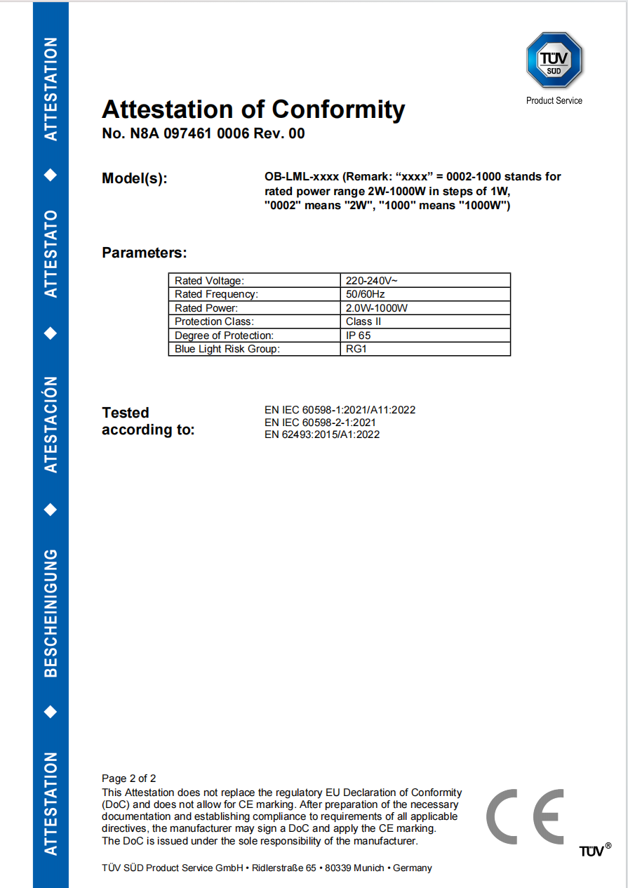 TUV SUD LVD Attestation parameters page for Dongguan Obbo Lighting LED motif lights